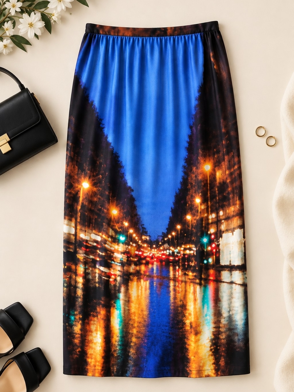 Agnes B. Blue & Black Cityscape Midi Skirt